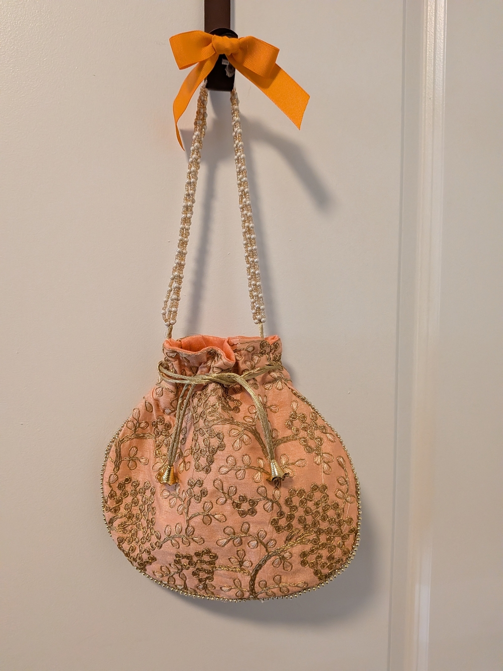 Indian Embroidered Satin Drawstring Satchel with Beaded Strap